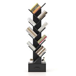COSTWAY Bibliothèque avec tiroir à 8 étages, en Forme d'arbre, étagère pour CD et DVD, pour Chambre à Coucher, Salon et Bureau à Domicile, 38 x 21,5 x 149,5 cm (Noir)