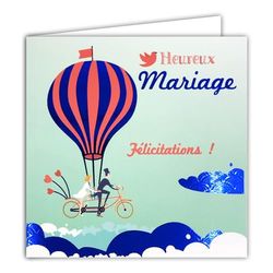 Gelukkig Gefeliciteerd Kaart Bruiloft Glanzend Blauw Wit Interieur met Witte Vierkante Envelop 15x15cm Gemaakt in Frankrijk Paar op een Fiets Tandem heteluchtballon vogel op een kleine wolk 22116