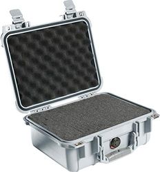 PELI 1400 stötsäker låda, IP67-vatten- och dammtät, 9 liters kapacitet, tillverkad i Tyskland, med anpassningsbar skuminredning, silver