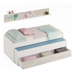 Habitdesign Lit gigogne pour enfants, Deux lits + tiroir + étagère, Lit pour enfants, Modèle Elliot, Finition en Artik White et Velvety White, Mesures : 199 cm (L) x 96 cm (P) x 65 cm (H)