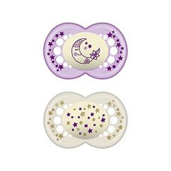 MAM Chupeta que brilha no escuro, a partir de 6 meses, étina simétrica, plana e flexível de silicone de fácil aceitação, com caixa autoesterilizadora, original, rosa brilhante, pack de 2 unidades