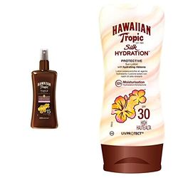 Hawaiian Tropic - Protective Dry Oil Spray - Aceite bronceador - 200 ml + Silk Hydration Protective - Loción Solar Protectora con Cintas de Seda Hidratantes y