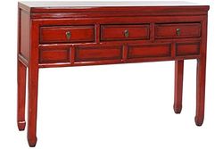 DRW Oosterse console met 3 laden, iep, rood, 128 x 30 x 88 cm
