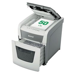 Leitz, Destructeur de documents AutoFeed, Hybride, 50 feuilles en automatique, 6 feuilles en manuel, Coupe croisée P4, Trombones/Agrafes/CB, Anti-bourrage, Silencieux 55 dB, Bac 20L (150 f), 80350000
