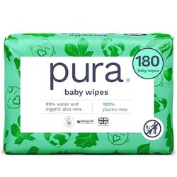 Pura Lingettes Bébé, 180 Lingettes (3 x 60 Lingettes), Boîte Mensuelle, 99% D'Eau, 100% Sans Plastique, Sans Parfum pour Peau Sensible, Aloe Vera, Végétalien