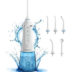 TUREWELL FC1591 Idropulsore Dentale 5 Ugelli e 3 Modalità, IPX7 Impermeabile, Ricaricabile USB,300ML Idropulsore Dentale Portatile per La Casa e I Viaggi