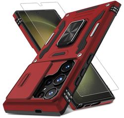 DEERLAMN Funda para Samsung Galaxy S24 Ultra con Cubierta de cámara Deslizante y Protector de Pantalla (1 Unidad), Soporte con Anillo Giratorio, Calidad Militar, a Prueba de Golpes, Rojo