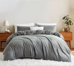 Lanqinglv Biancheria da letto in pile di flanella, 135 x 200 cm, colore grigio, soffice biancheria da letto invernale, calda cashmere touch, in tinta unita, con chiusura lampo e federa, 80 x 80 cm