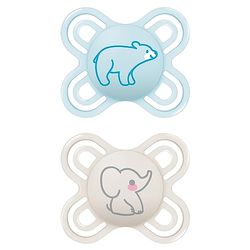 MAM Perfect Start fopspeen in set van 2, speciaal voor pasgeborenen, kindvriendelijke babyfopspeen van duurzame en biologisch hernieuwbare materialen, met fopspeenbox, 0-2 maanden, beer/olifant