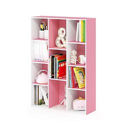 Furinno Luder Estantería Abierta Librería de 11 Cubos, Blanco/Rosa