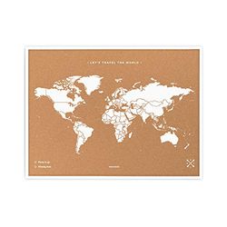 Miss Wood My World L Panneau d'affichage en liège avec cadre, motif mappemonde, bois, blanc, 48 x 63 x 1,5 cm