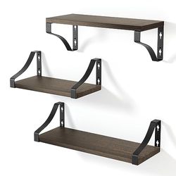 edihome, Wandplanken, 3-traps wandplanken, zwevende planken, wandplanken van natuurlijk hout, decoratie, ideaal voor woonkamer, slaapkamer, badkamer (donkerbruin)