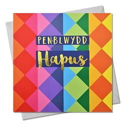 Welsh Welsh Grattis på födelsedagen gratulationskort, färgdiamanter, text folierad i glänsande guld, öppen, för honom, för henne, vän, mamma, pappa, son, vän, syster, bror, pennblwydd hapus
