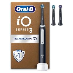 Oral-B Spazzolino Elettrico Ricaricabile iO 3 Nero, 3 Testine Di Ricambio Oral B, 1 Spazzolino Elettrico Oral b, Sensore di Pressione, Versione precedente