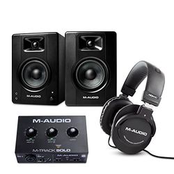 Cuffie + Casse PC + Scheda Audio - Casse Audio Monitor Amplificate 120 W da Studio, Interfaccia Audio Esterna USB e Cuffie Over Ear - M-Track Solo + BX3 + MPM-1000 + (M-Audio)