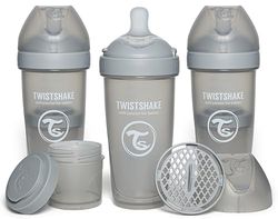 Twistshake 3x Pro Double Biberón Anticólicos con Envase de Leche en Polvo - 330 ml | Pezón de Silicona de Flujo Rápido con Forma de Seno | Sin BPA | Adecuado para Bebés de Más de 4m+ | Gris