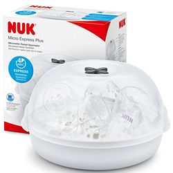 NUK Esterilizador de biberões para micro-ondas Micro Express Plus | Esteriliza até 4 biberões e acessórios em 4 minutos, adequado para a maioria dos micro-ondas, pinças para extração