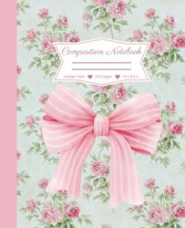 Pink & Blue Floral Coquette Composition Notebook: Cute Girly Pink Bow Journal, Aesthetic, Vintage Cottagecore, College Ruled