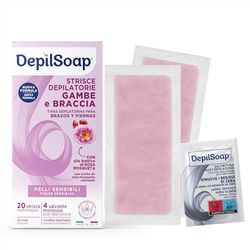 Depilsoap® – Strisce Depilatorie Corpo Per Pelli Sensibili – 20 Strisce Depilatorie Braccia E Gambe E 4 Salviettine Post-Depilazione – Nuova Formula Arricchita Con Rosa Mosqueta E Burro Di Karitè