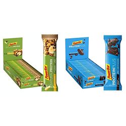 Powerbar Natural Protein Banana Chocolate 24x40g - Barre protéinée végétalienne + Ingrédients naturels & Protein Plus Low Sugar Chocolate Brownie 30x35g - Barre hyperprotéinée et peu sucrée