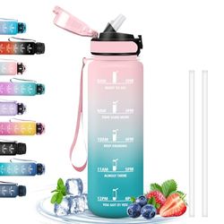1 liter, vattenflaska för gym, förlustfri, motiverande vattenflaska med tidsmässig skala, flaska med sugrör, lätt att rengöra, flaska för sport, fitness, cykling, löpning, rosa-cyan
