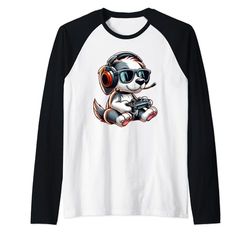 Divertente Gamer Cane In Occhiali Da Sole E Cuffie Carino Gamer Bambini Maglia con Maniche Raglan