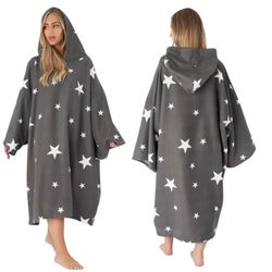 Dreamscene Star Poncho Handdoek Volwassen Hooded Oversized Bad Strand Surf Absorberende Microfiber Sneldrogende Vrouwen Veranderende Robe, Grijs.