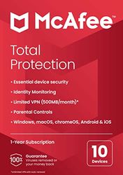 McAfee Total Protection 2022 | 10 apparaten| antivirusvirussoftware, internetbeveiliging | inclusief VPN, wachtwoordbeheer | 1-jarig abonnement | per post