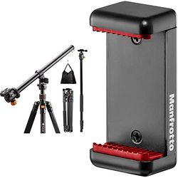 TARION Q550 Treppiede Camera e Braccio Estensione Colonna Centrale con Rotazione Orizzontale 360° & Manfrotto MCLAMP - Attacco Universale per Smartphone, Compatto, Pieghevole, Vlogging, Nero
