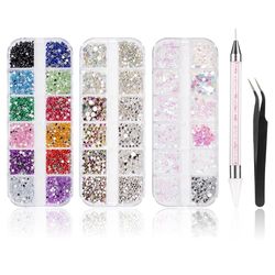 Pack of 5600 Rhinestones Nail Art, 36 Colours Glitter Stones, Decorations, Nail Stones for Nail Art, Including Wax Pen for Rhinestones and Rhinestone Picks