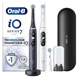 Oral-B iO 7 Duo Brosses À Dents Électriques Noire Et Blanche, Le Capteur De Pression Pour Protéger Les Gencives, Lot De 2 Manches, Des Accessoires, 2 Brossettes Rondes, 1 Chargeur, 1 Étui De Voyage