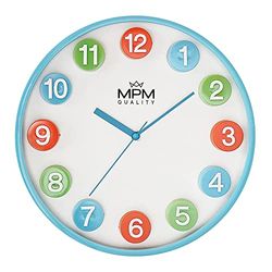 MPM Quality Kleurrijke kinderwandklok van kunststof, blauw/kleurrijk, grote kleurrijke 3D-cijfers, kwartsuurwerk sweep voor ongestoord spelen, diameter 304 x 43 mm, geschikt voor kinderkamer,