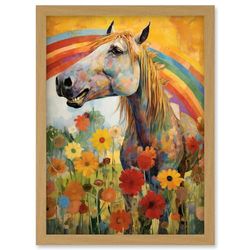 Artery8 Girls Bedroom Nursery Artwork Rainbow Horse With Flowers Bright Colourful Happy Artwork Framed Wall Art Print A4