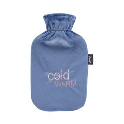 Fashy Hot Water Bottle with Fleece Cover and Embroidery "Cold/Warm", Blue, 2.0 L