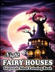 Night Fairy Houses Grayscale Adult Coloring Book: 50 Magical Fantasy Landscapes with Whimsical Fairy Homes in Night Scenes Coloring Book for Women, ... & Night Landscapes Adult Coloring Book