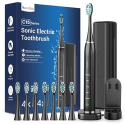 Sonic Brosse à dents électrique sonique - Brosse à dents de voyage - Brosse à dents électrique - Avec 8 têtes, 5 modes - Minuterie - Noir