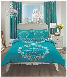 Gaveno Cavailia Luxurious SCRIPT PARIS Bed Set With Duvet Cover and Pillow Case, Polyester-Cotton, Teal , King