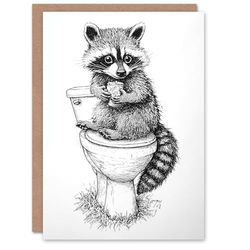 Artery8 Greeting Card Cute Raccoon On Toilet Funny Black White Drawing Blank For Him Or Her Art Birthday Card