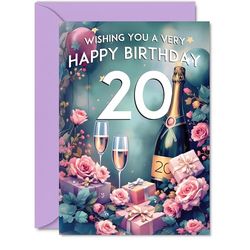 20th Birthday Card - Pink Presents Champagne Bottle - Gorgeous Pretty Beautiful Birthday Cards for 20 Year Old Woman Women, 5x7 Inch Greeting Cards Gift