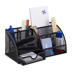Relaxdays Desk Organizer, 6 Compartments, Compact Letter Rack, Metal, Drawer, Memo Box, Pen Holder, Black, Steel, 18 x 25.5 x 10.5 cm