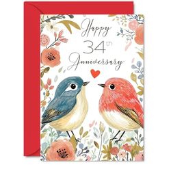 34th Anniversary Card for Women Men - Love Birds - Happy Wedding Anniversary Cards for Wife Husband Girlfriend Boyfriend, 5x7 Inch Floral Bird Greeting Cards