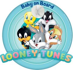 Cartel de seguridad para coche con texto «Niño a bordo» con gráficos de Warner Bros de Looney Tunes y ventosa