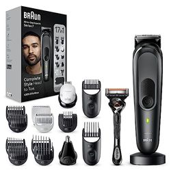 Braun REGOLABARBA Tagliacapelli Uomo, Rasoio Elettrico Barba e Capelli, 17-in-1 Styling Kit per Barba, Capelli, Corpo, Naso e Orecchie, 100 Minuti Di Utilizzo, Idea Regalo, MGK7491 Nero