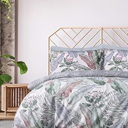 Sleepdown Parure de lit 100% Pur Coton avec Housse de Couette et taies d'oreiller réversibles - Motif Floral - Gris - 230 x 200 cm