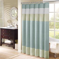 Madison Park Bathroom Shower Faux Silk Pieced Striped Modern Microfiber Bath Curtains, Polyester, Green, 72 in x 72 in