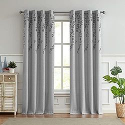 Melodieux Rideaux occultants à œillets en Lin avec Broderie Florale pour Salon, Chambre à Coucher, Fleur Grise, 132,1 x 213,4 cm (1 Panneau)