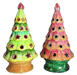 ALBERO NATALE PORTACANDELA (SET 2 PEZZI) TRAFORATO IN CERAMICA DI VIETRI DIPINTO A MANO; ALTEZZA CM. 35, DIAMETRO CM. 20 LANTERNA LAMPADA DECORAZIONI NATALIZIE