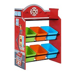 Teamson Kids Fantasy Fields - Petits organisateurs de Jouets pour Enfants des Petits Pompiers avec bacs de Rangement pour Enfants | Meubles en Bois pour Enfants