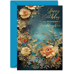 Beautiful Gold Birthday Cards for Granddaughter - Wonderful Golden Flowers - Elegant Traditional Pretty Birthday Card for Granddaughter from Grandparents, A5 Gorgeous Greeting Cards Gift