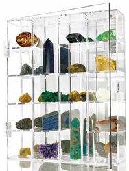 Acrylic Display Case Adjustable Clear Rock Display Case Shadow Box with Shelves Storage Organizer for Mini Pop Figure, Collectibles, Mineral Crystal, Stones, Wall Mountable, with Mirrored & Lid